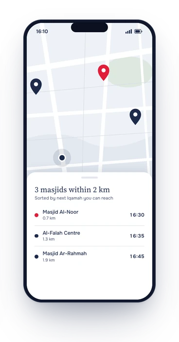 Concept screen: a map of nearby masjids with distances and next Iqamah times.