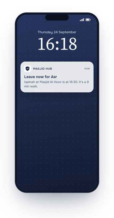 Concept screen: a lock-screen notification reading Leave now for Asr.