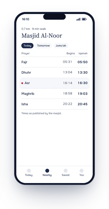 Concept screen: a masjid timetable listing begin and Iqamah times for each prayer, with Asr highlighted.